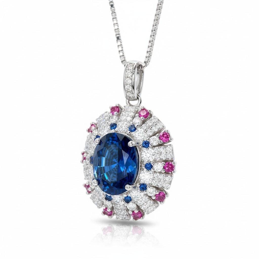 Blue Sapphire Necklace Source Light Style 18KGP @ Sterling Silver - 3 CT Blue Sapphire Pendant - Radiant Blue Sapphire Jewelry #898
