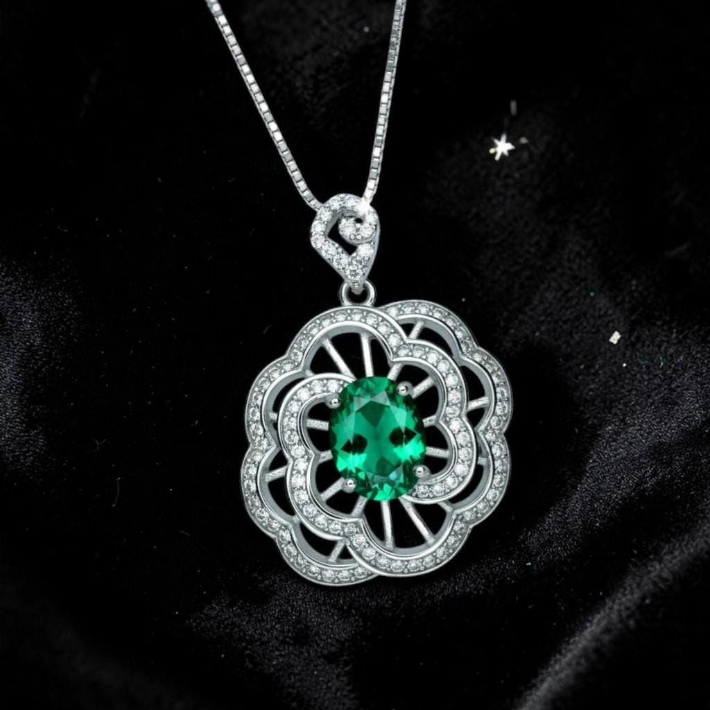 Large Gemstone Peony Emerald Necklace 2.1 CT Oval Cut Emerald Pendant 18KGP @ Sterling Silver #562