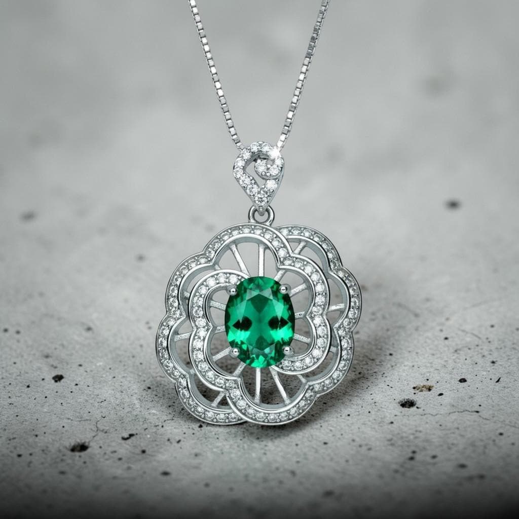 Large Gemstone Peony Emerald Necklace 2.1 CT Oval Cut Emerald Pendant 18KGP @ Sterling Silver #562