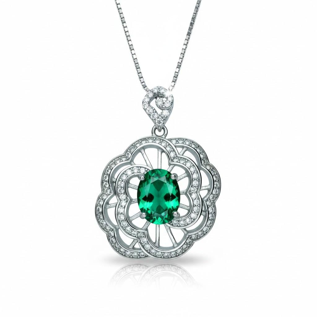 Large Gemstone Peony Emerald Necklace 2.1 CT Oval Cut Emerald Pendant 18KGP @ Sterling Silver #562
