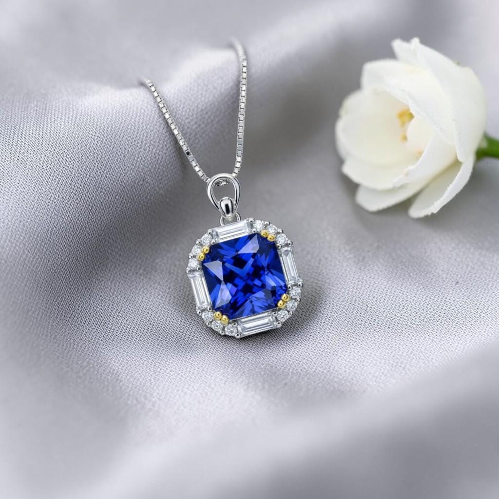 Solitaire Tanzanite Necklace - Deep Royal Blue Tanzanite Pendant - 18KGP @ Sterling Silver - December Birthstone - Square Scissor Cut #413