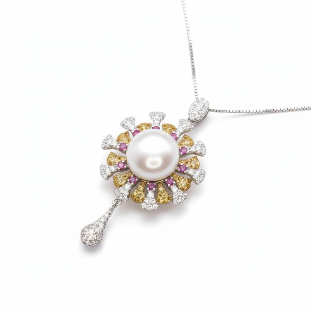 Genuine Large White Pearl Necklace, 18KGP @ Sterling Silver - Sunflower Sun Sunshine Style Fresh water Pearl Jewelry #640