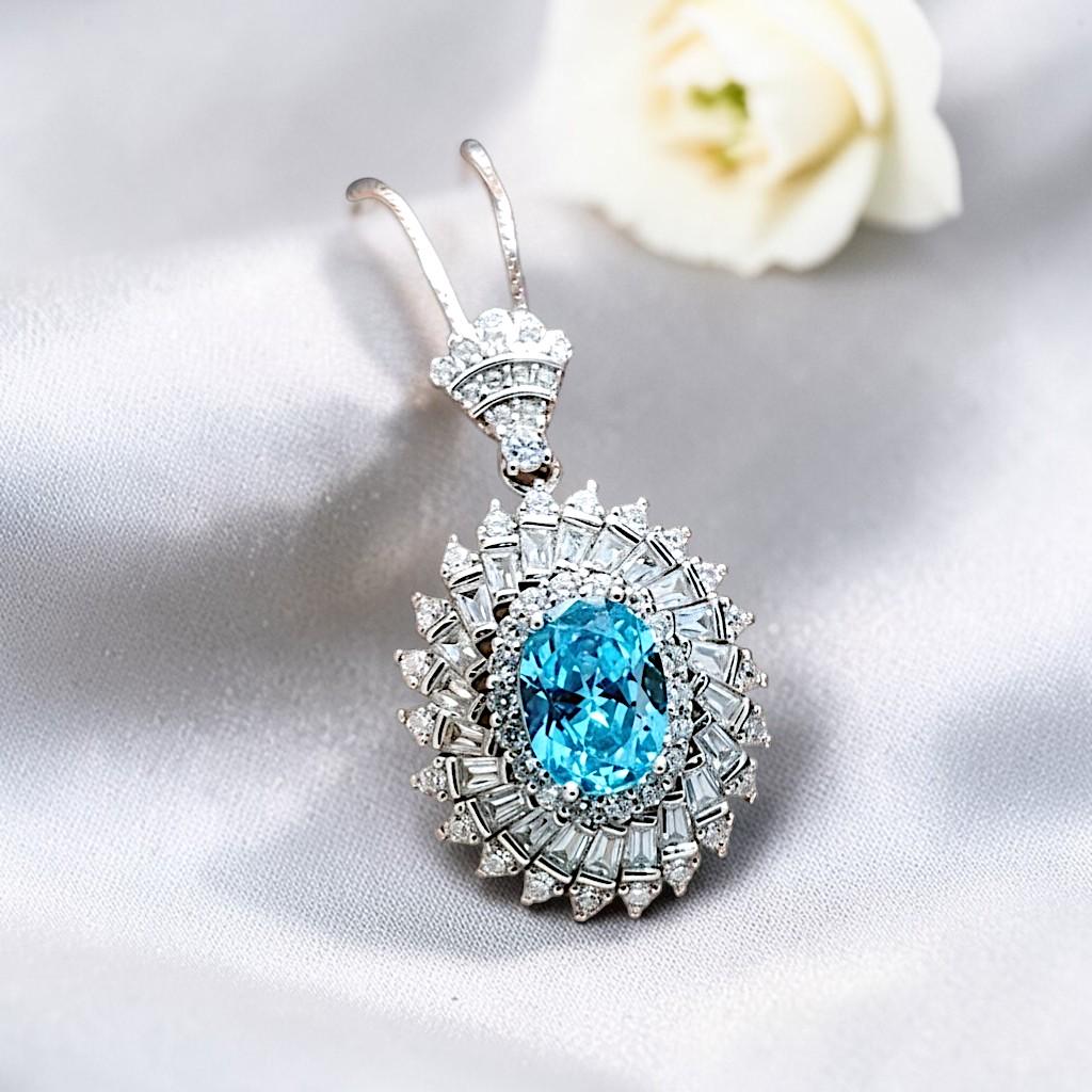 Aquamarine Halo Pendant Necklace in Sterling Silver, Baguette Round Sunburst Cluster, March Birthstone Deep Blue Aquamarine #777
