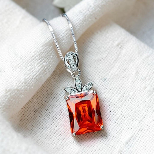 Large Rectangular Sunstone Necklace - Red Orange Tangerine Spessartite Garnet Jewelry Diamond Petal Flower 9 ct Created Orange Sapphire #668