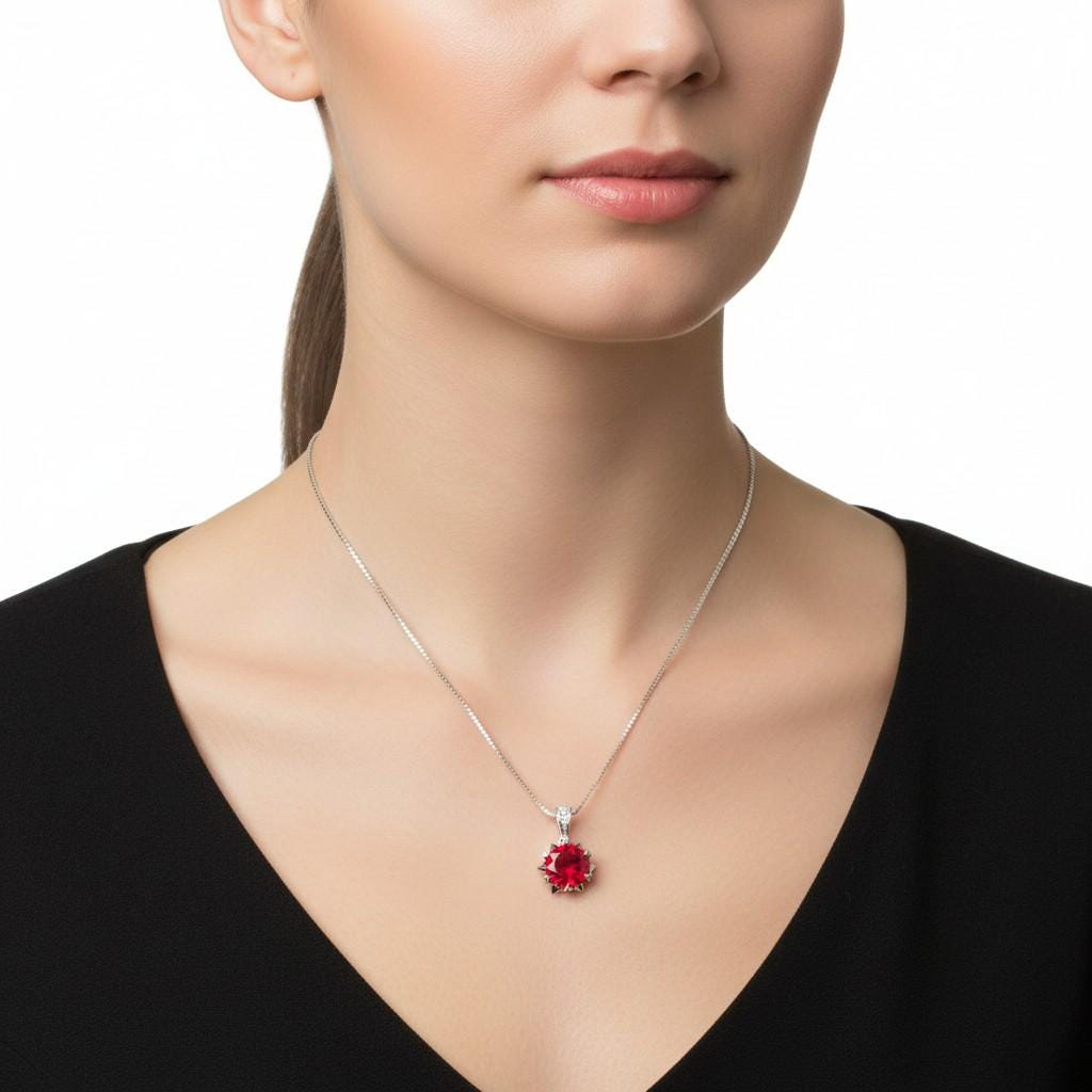 8mm Ruby Necklace - 18kgp @ Sterling Silver - 2.2 CT Red Ruby Pendant - Tiny Dainty July Birthstone 096