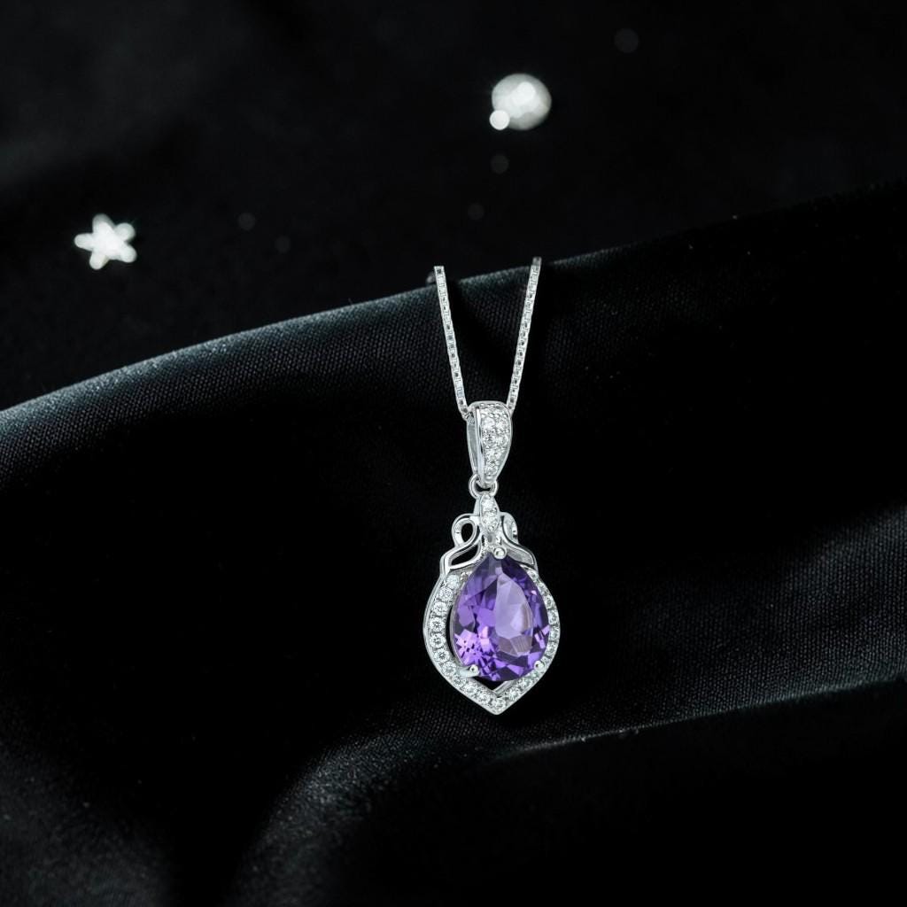 Natural Teardrop Amethyst Necklace - Sterling Silver Tiny Crown Chakra Healing - Purple Gemstone Jewelry February Birthstone #371