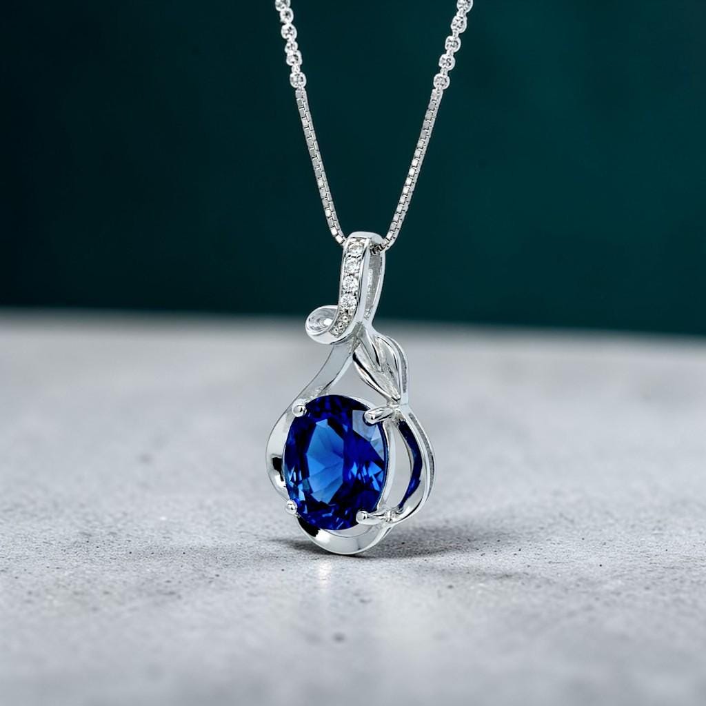 Tiny Blue Sapphire Necklace Sterling Silver Flower White Gold Plated Petal 1.5 CT Blue Gemstone Pendant September Birthstone #161