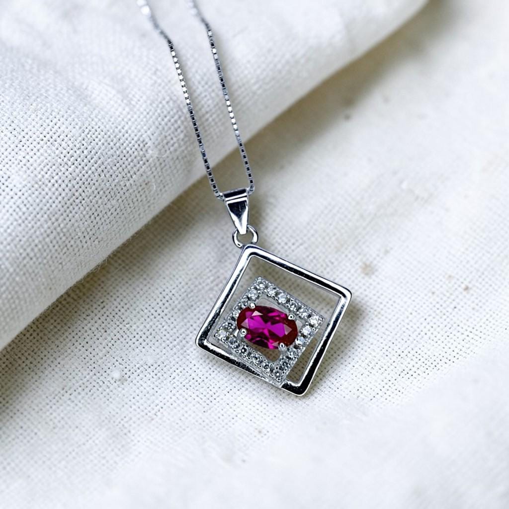 Geometric Ruby Necklace Sterling Silver Minimalist Double Square Tiny Ruby Pendant 015