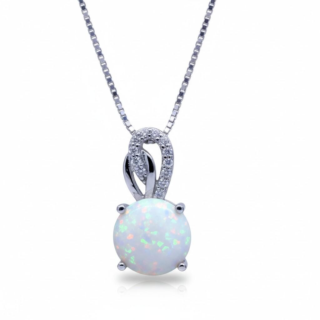 Single White Opal Necklace Sterling Silver Solitaire Simple Delicate 8 MM Fire Opal Pendant 083