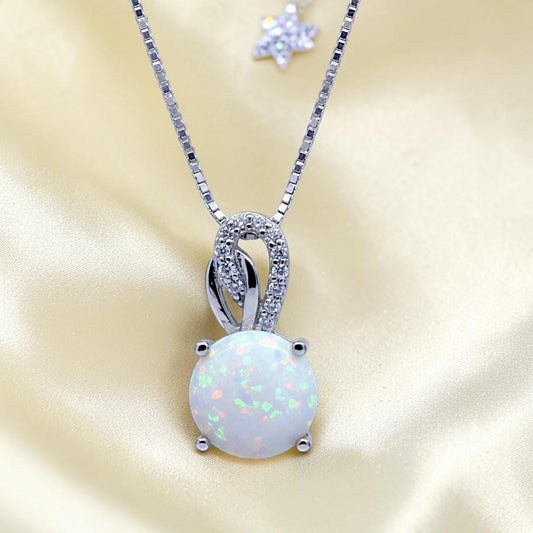 Single White Opal Necklace Sterling Silver Solitaire Simple Delicate 8 MM Fire Opal Pendant 083