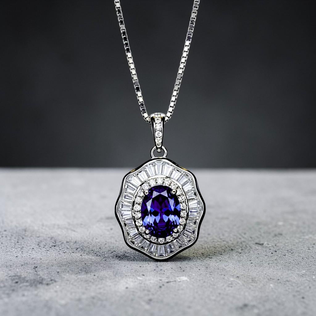 Tanzanite Necklace - Lotus Flower Pendant - 18KGP @ Sterling Silver - December Birthstone - Lab Created Blue Tanzanite Pendant #522