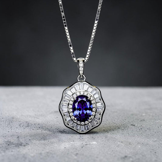 Tanzanite Necklace - Lotus Flower Pendant - 18KGP @ Sterling Silver - December Birthstone - Lab Created Blue Tanzanite Pendant #522