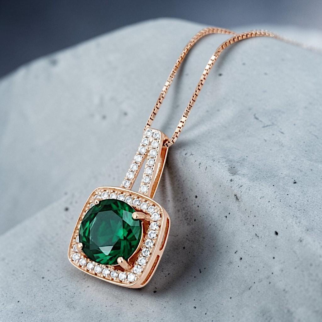 2 CT Emerald Necklace - Gemstone Square Halo Rose Gold plated Sterling Silver round cut emerald pendant #141