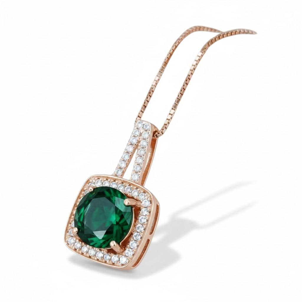 2 CT Emerald Necklace - Gemstone Square Halo Rose Gold plated Sterling Silver round cut emerald pendant #141