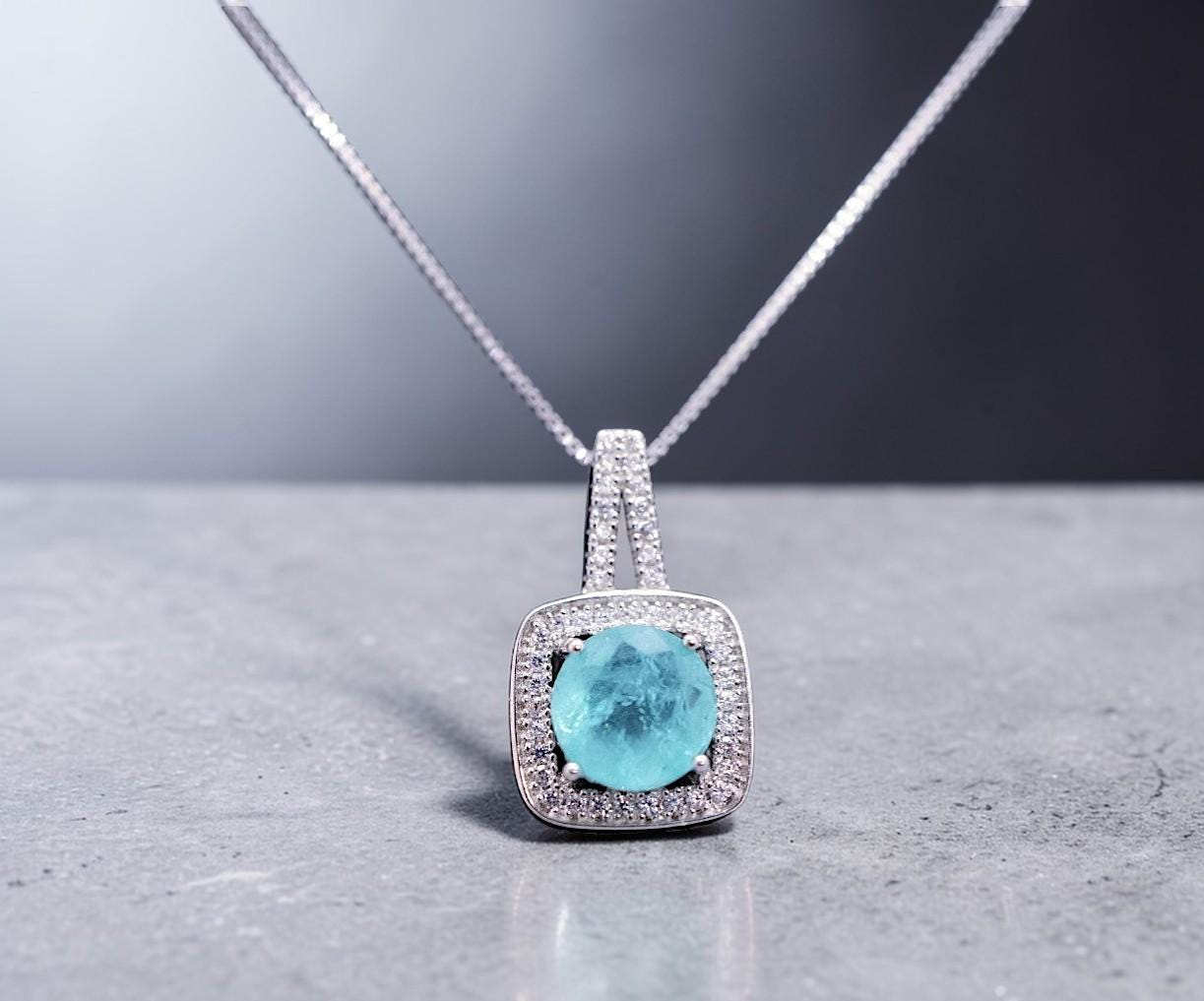 Square Blue Paraiba Tourmaline Necklace Sterling Silver 8 mm Round Paraiba Gemstone Pendant #007