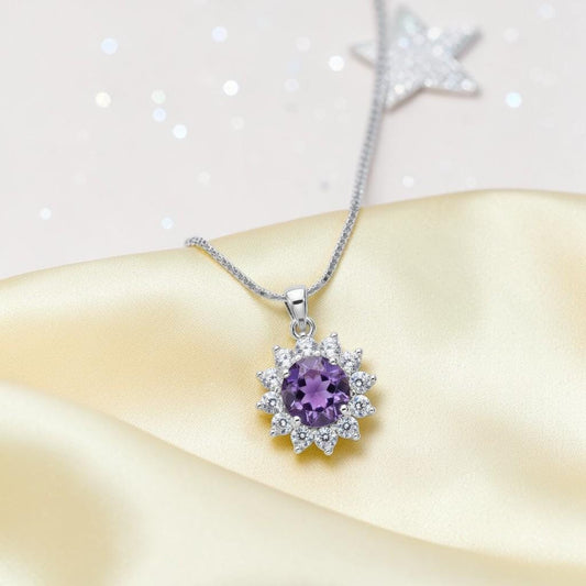 Genuine Amethyst Necklace - Tiny Princess Diana Style 6MM Natural Amethyst Yoga Zen Simple Solitaire February birthstone Jewelry 1108