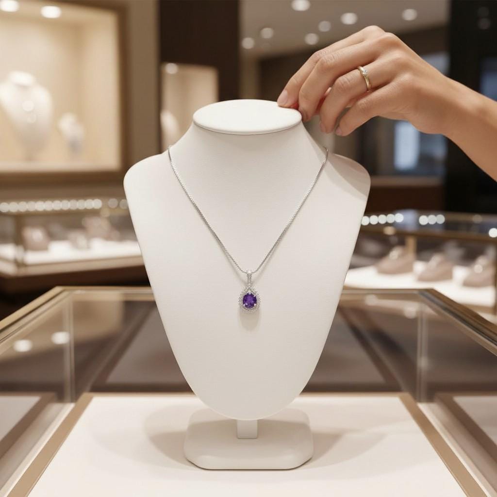 Genuine Amethyst Necklace - 925 Sterling Silver Round Natural Amethyst Pendant - Gemstone White Gold Plated February Birthstone #496
