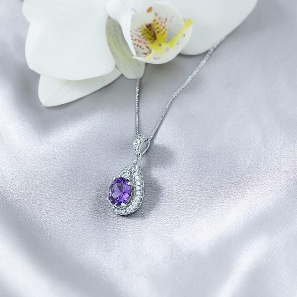 Genuine Amethyst Necklace - 925 Sterling Silver Round Natural Amethyst Pendant - Gemstone White Gold Plated February Birthstone #496