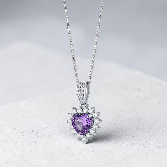 Amethyst Necklace - Genuine Amethyst Heart Jewelry - Tiny Purple Gemstone Pendant 18k Sterling Silver - Minimalist, February Birthstone 012