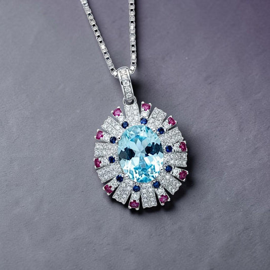 Luxury Radiant Blue Aquamarine Necklace Sky Blue Style White Gold coated Sterling Silver Aquamarine Pendant - Exclusive Design 2.8 CT #899