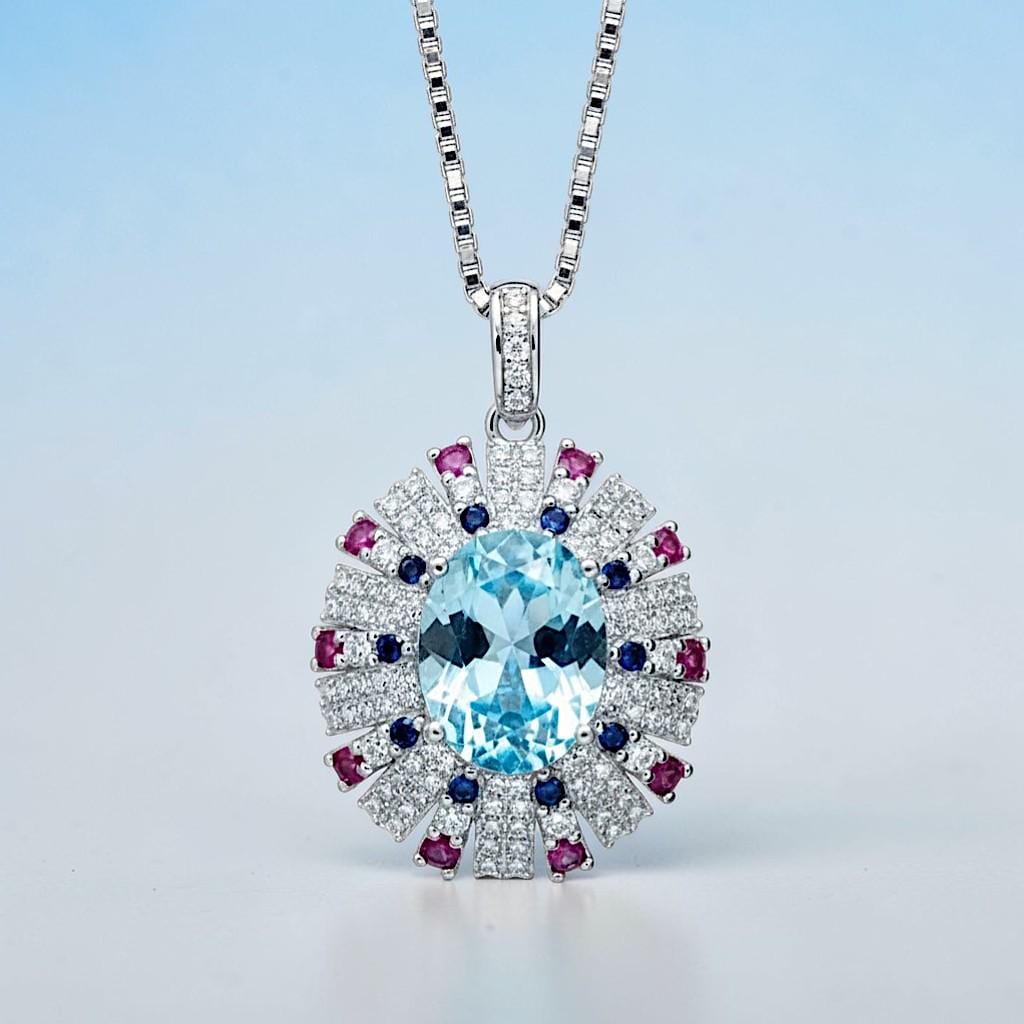 Luxury Radiant Blue Aquamarine Necklace Sky Blue Style White Gold coated Sterling Silver Aquamarine Pendant - Exclusive Design 2.8 CT #899
