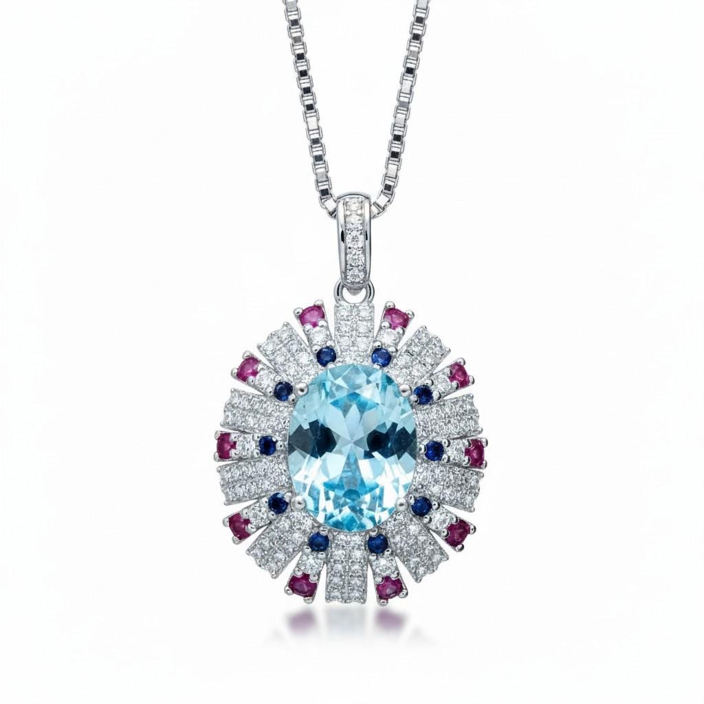 Luxury Radiant Blue Aquamarine Necklace Sky Blue Style White Gold coated Sterling Silver Aquamarine Pendant - Exclusive Design 2.8 CT #899