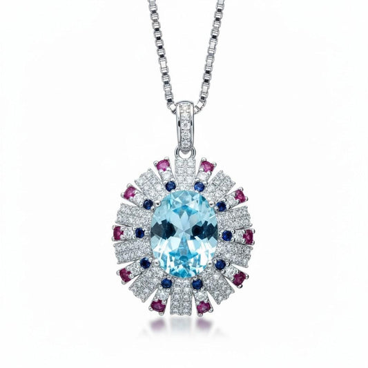 Luxury Radiant Blue Aquamarine Necklace Sky Blue Style White Gold coated Sterling Silver Aquamarine Pendant - Exclusive Design 2.8 CT #899