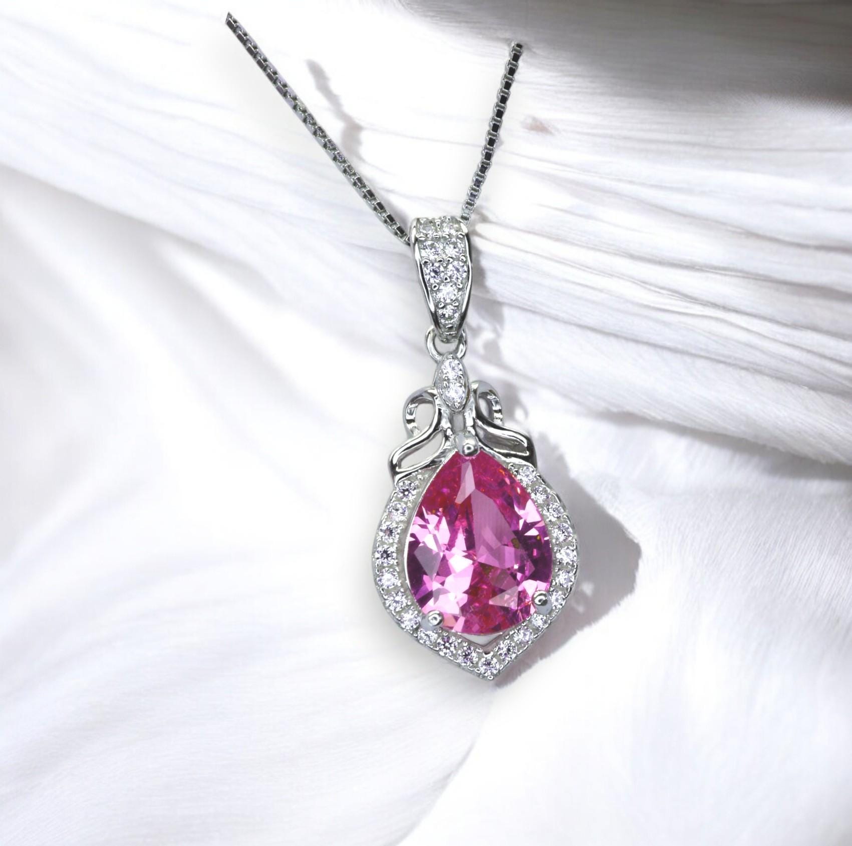 Teardrop Pink Tourmaline Necklace, Gemstone Halo Pink Gemstone Pendant, Sterling Silver White gold Solitaire Fuchsia Gemstone Jewelry #196