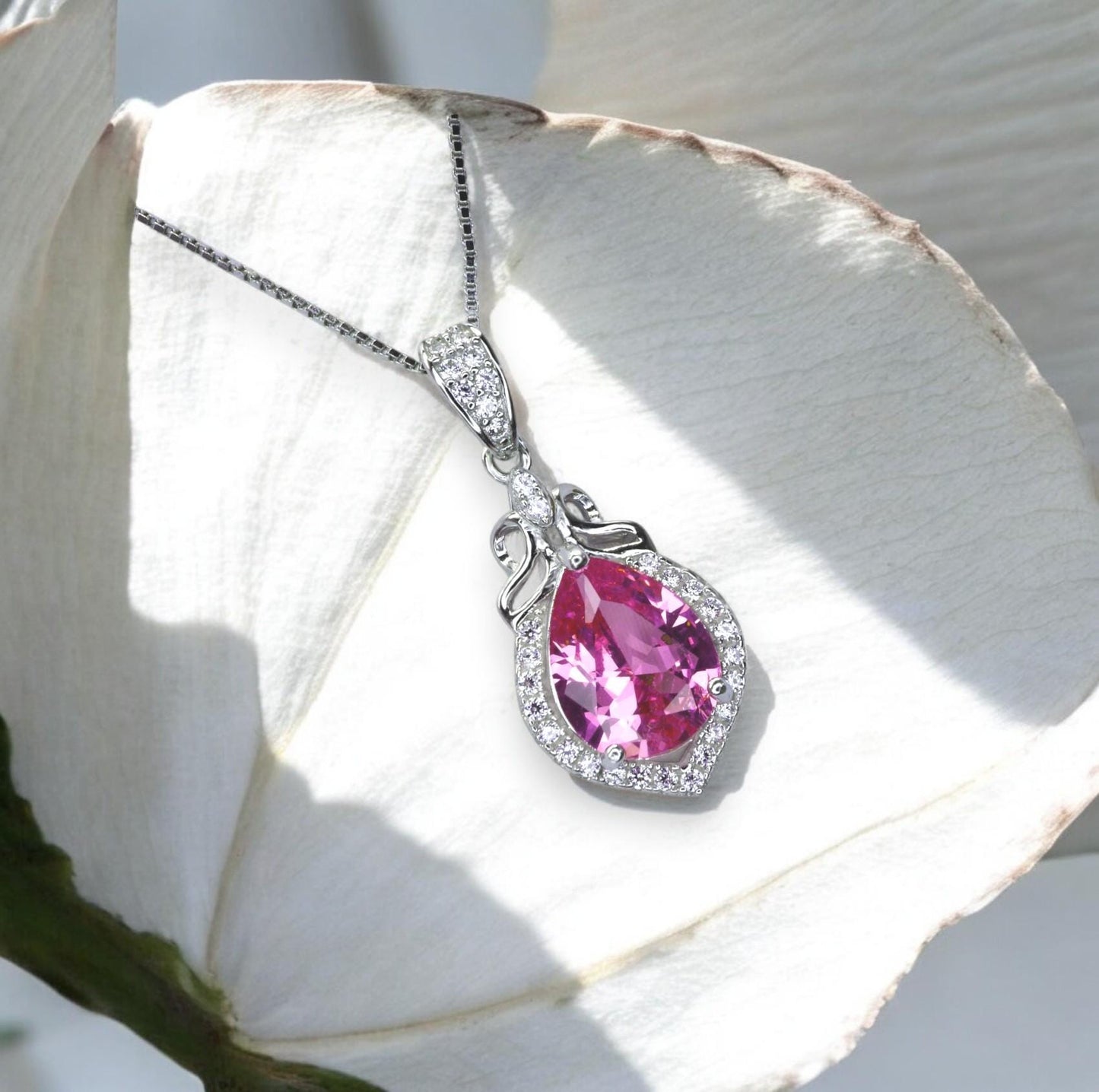 Teardrop Pink Tourmaline Necklace, Gemstone Halo Pink Gemstone Pendant, Sterling Silver White gold Solitaire Fuchsia Gemstone Jewelry #196