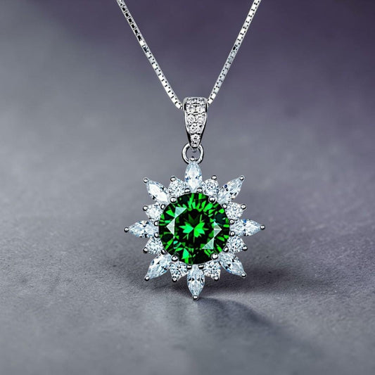Diopside Sunburst Necklace • Sterling Silver Green Gemstone Halo Pendant • Vintage Style Birthstone Necklace • Chain 1125