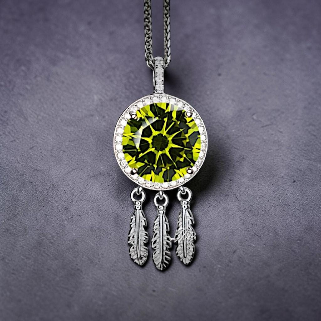 Large Green Peridot Necklace - 18KGP @ Sterling Silver - dreamcatcher Necklace - August Birthstone - Dream Catcher Peridot Pendant #690