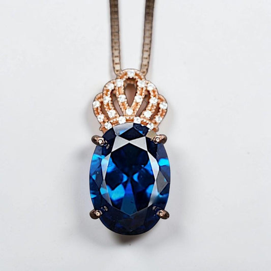 Sapphire Necklace Rose gold Sterling Silver - Large Gemstone Crown - 5 CT Oval Cut Lab Created Blue Sapphire Pendant #829