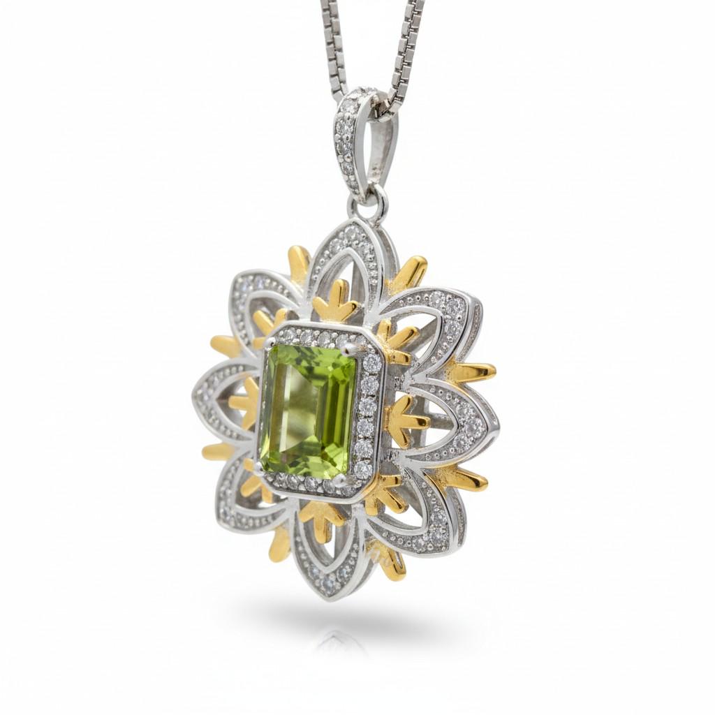 Spirit Flower Genuine Peridot Necklace White Gold coated Sterling Silver Gemstone Gold Rectangle Peridot Pendant Goddess Athena Jewelry #764