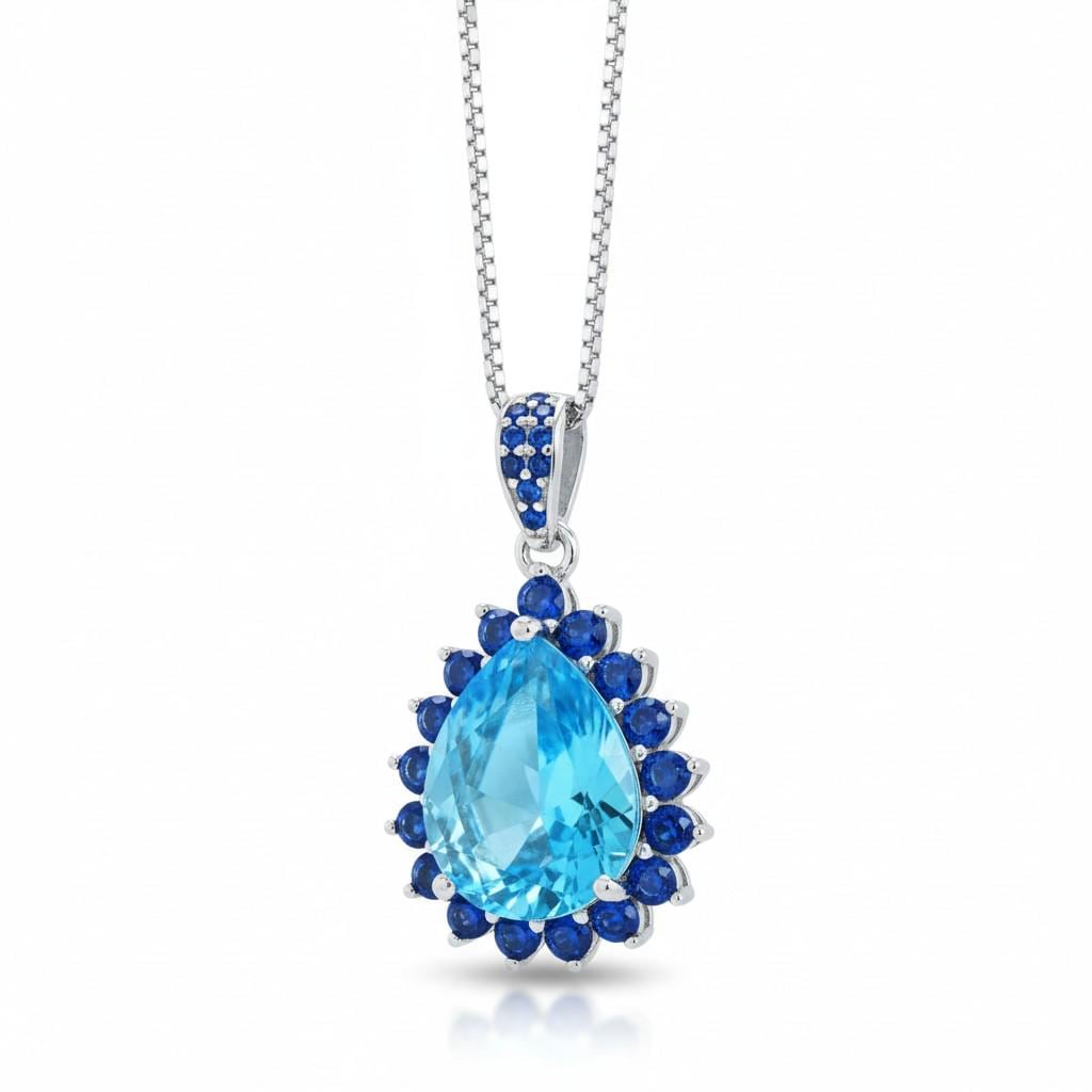 Large Blue Topaz Necklace - Blue Sapphire Halo - Blue Topaz Pendant - Teardrop Blue Topaz Jewelry - 18kgp @ Sterling Silver - 4 CT #598