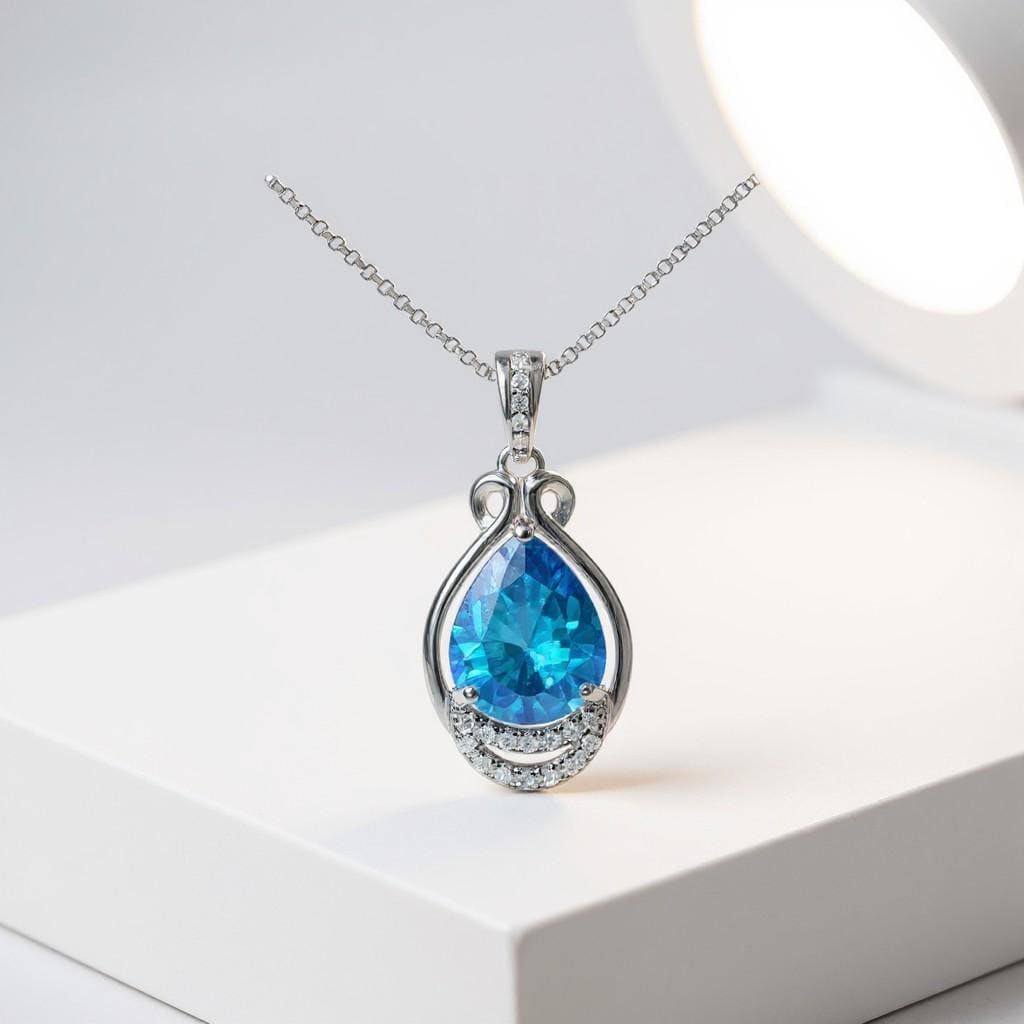 Sterling Silver Teardrop Swiss Blue Topaz Necklace 2.75 ct Teardrop Sim Gemstone 14k White Gold Plated Birthstone #933