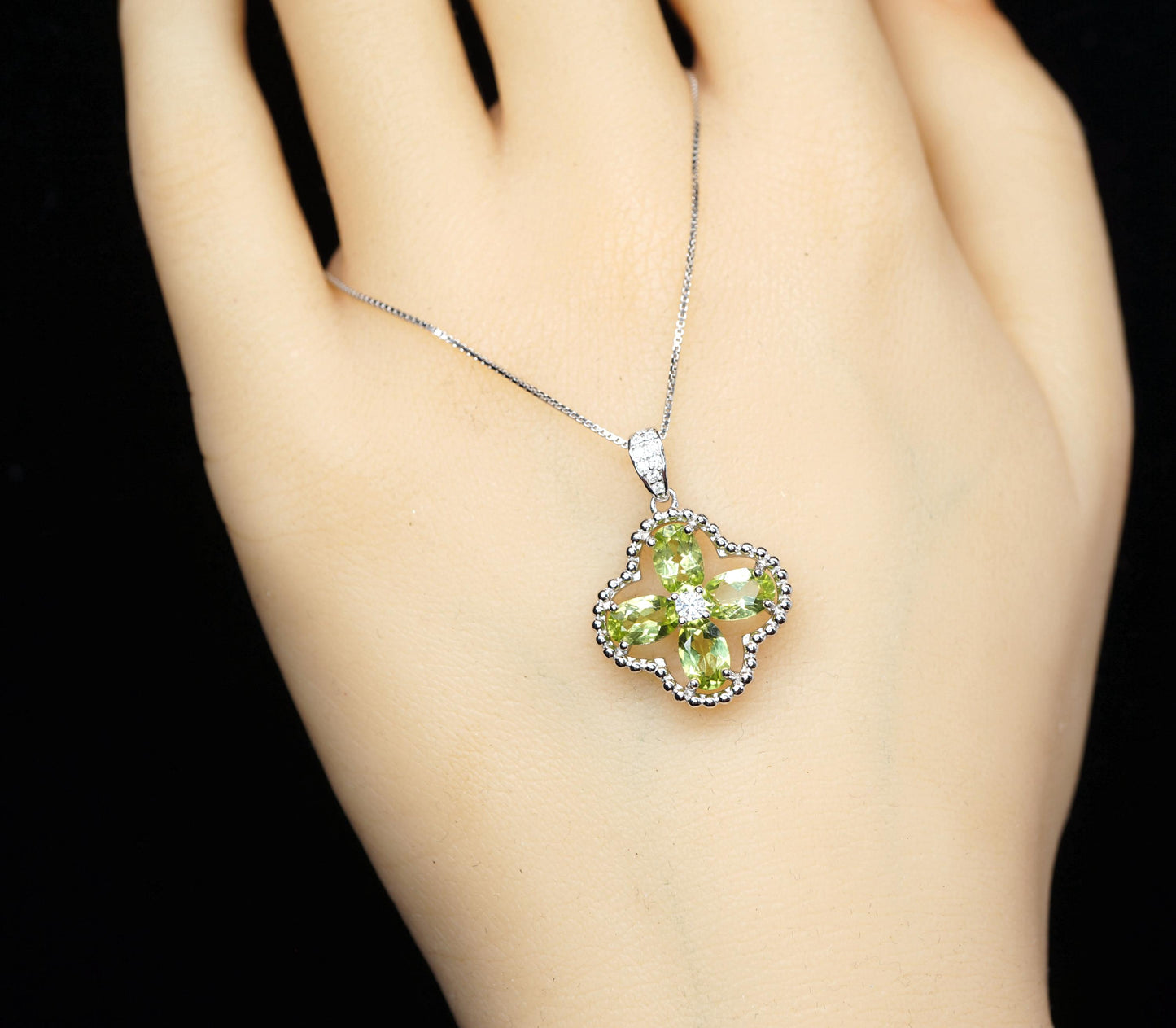 Genuine Green Peridot Necklace, 925 Sterling Silver Four Leaf Clover Pendant, Natural Peridot Pendant August Birthstone Leaf Jewelry #233