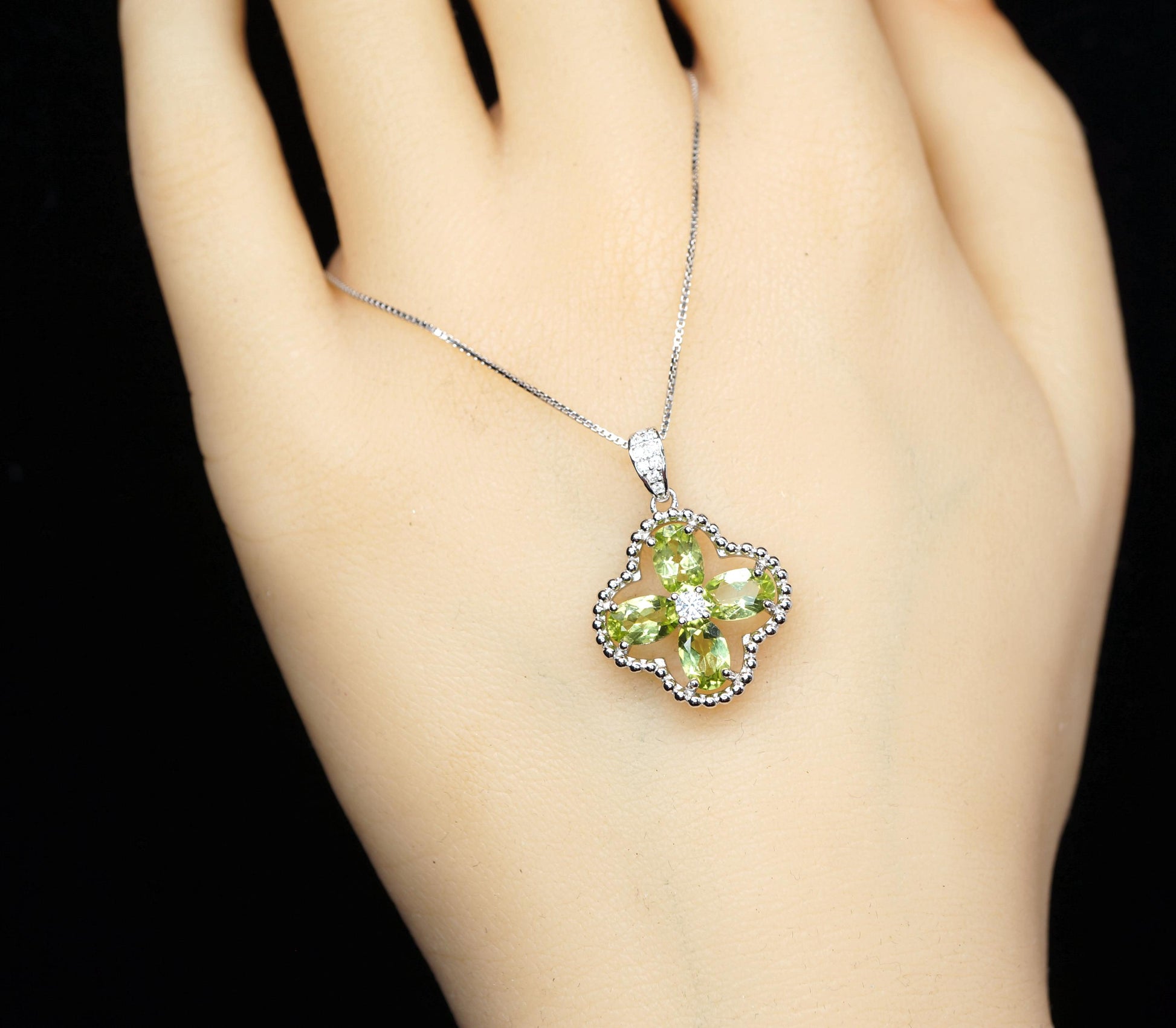 Genuine Green Peridot Necklace, 925 Sterling Silver Four Leaf Clover Pendant, Natural Peridot Pendant August Birthstone Leaf Jewelry #233
