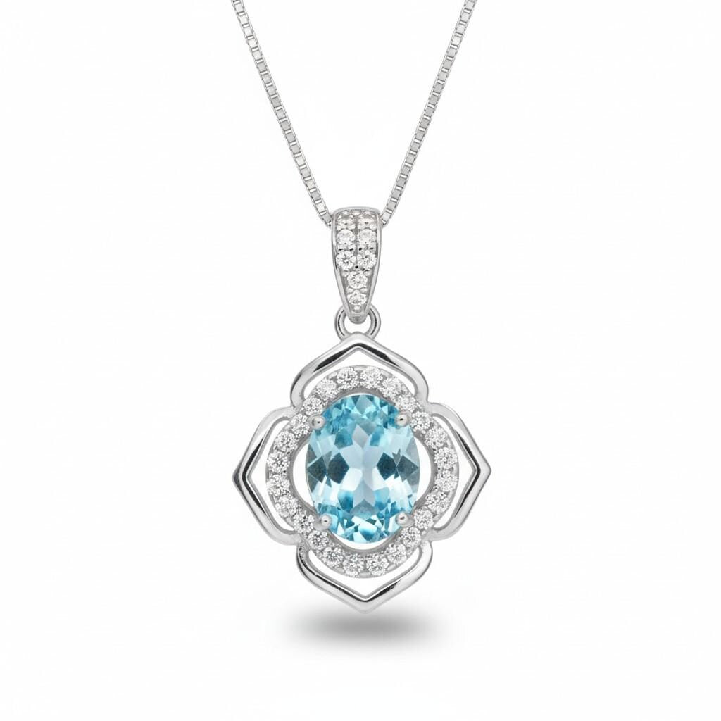 Aquamarine Necklace flower of life jewelry - 18KGP @ Sterling Silver Blue Aquamarine Pendant - Blue Gemstone March Birthstone