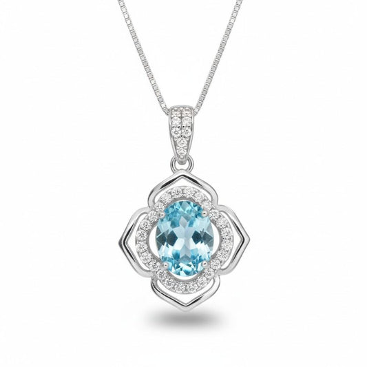 Aquamarine Necklace flower of life jewelry - 18KGP @ Sterling Silver Blue Aquamarine Pendant - Blue Gemstone March Birthstone