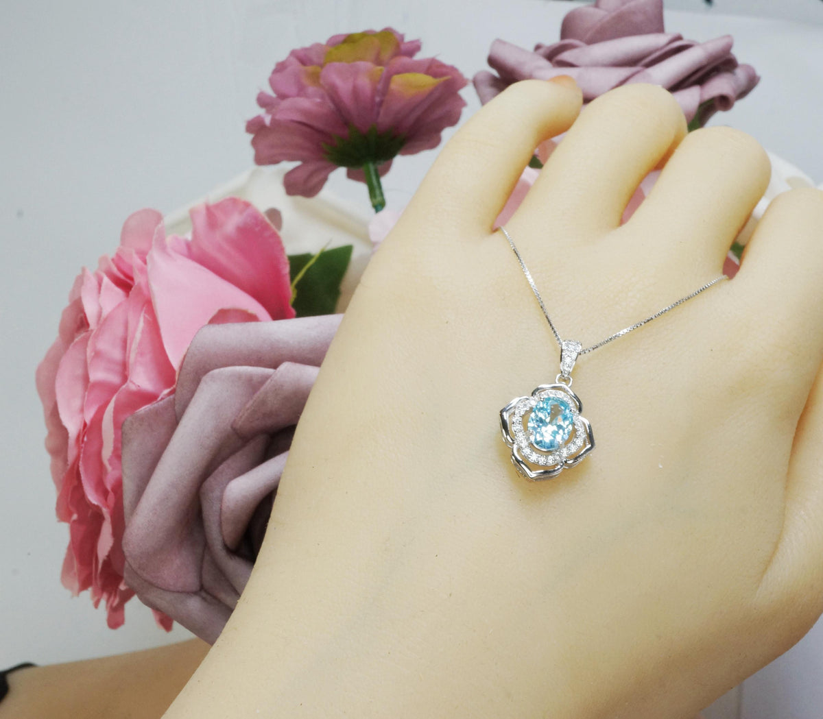 Aquamarine Necklace flower of life jewelry - 18KGP @ Sterling Silver Blue Aquamarine Pendant - Blue Gemstone March Birthstone