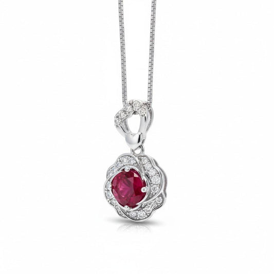Ruby Necklace, Rose flower style - Birthstone Jewelry - 2 CT Round Cut Red Ruby Pendant - 18kgp @ Sterling Silver - July Birthstone #875B