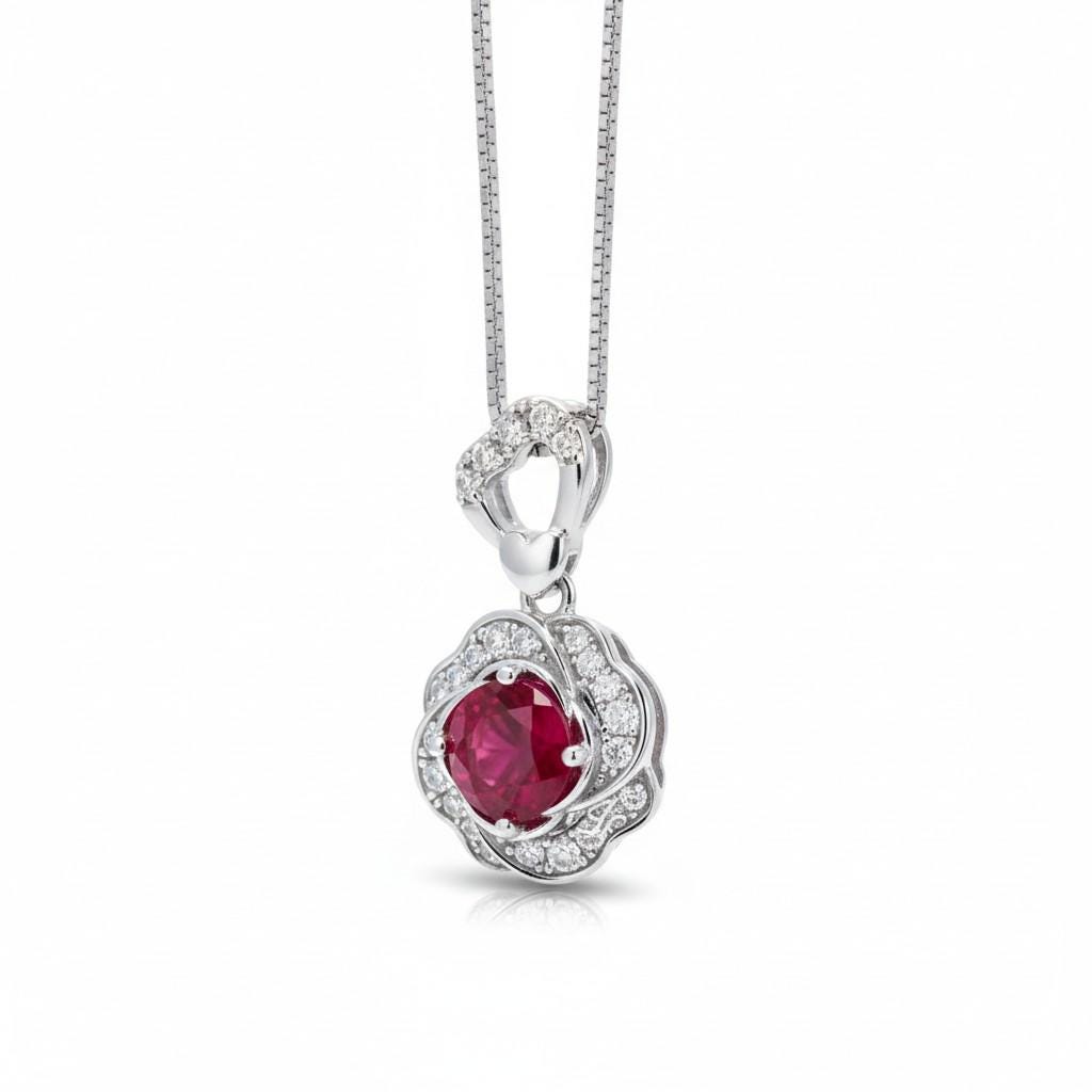 Ruby Necklace, Rose flower style - Birthstone Jewelry - 2 CT Round Cut Red Ruby Pendant - 18kgp @ Sterling Silver - July Birthstone #875B