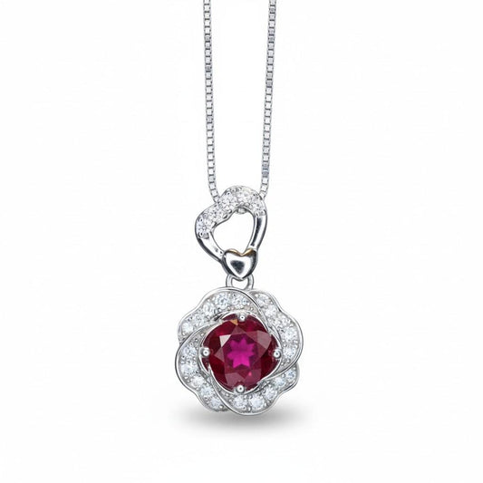 Ruby Necklace, Rose flower style - Birthstone Jewelry - 2 CT Round Cut Red Ruby Pendant - 18kgp @ Sterling Silver - July Birthstone #875B