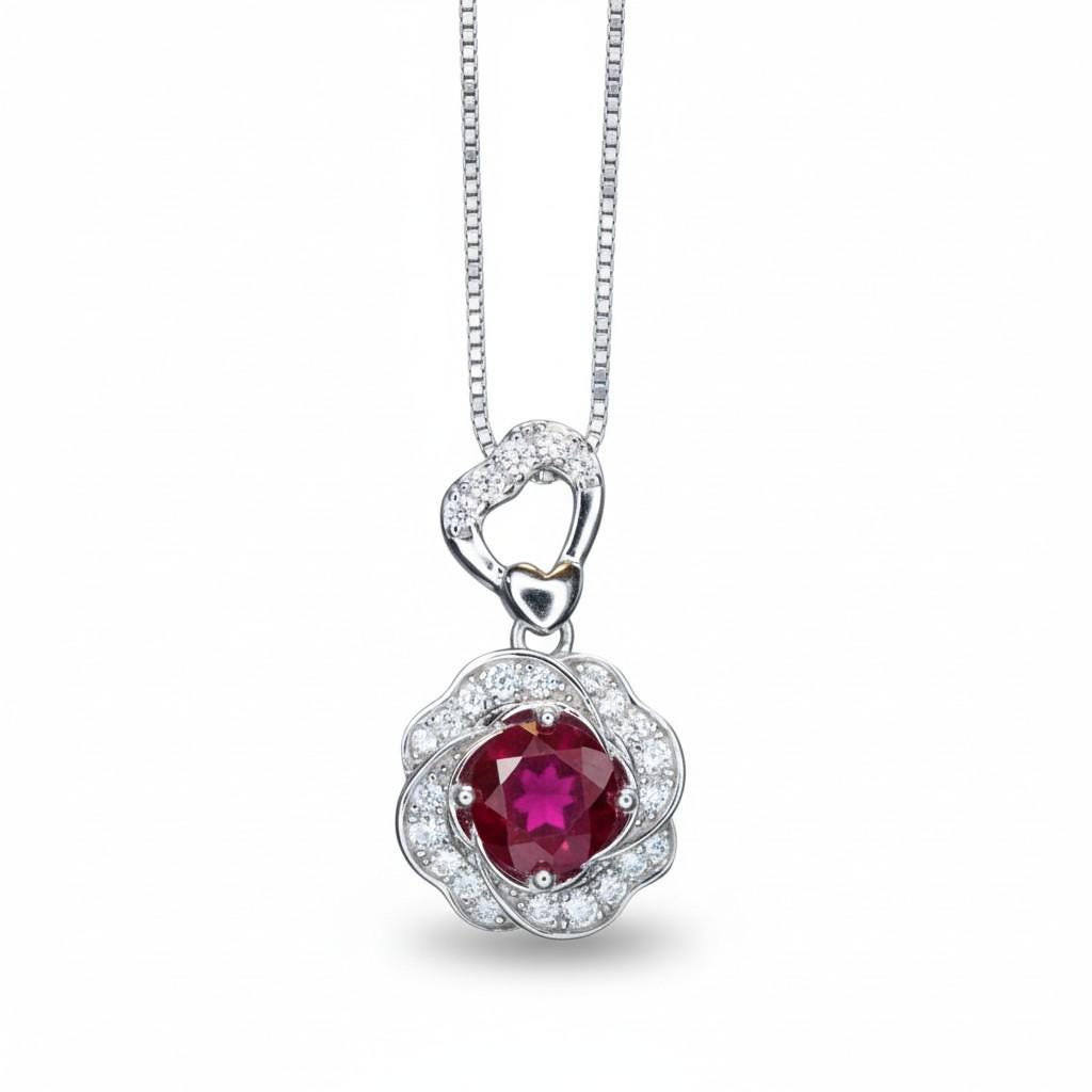 Ruby Necklace, Rose flower style - Birthstone Jewelry - 2 CT Round Cut Red Ruby Pendant - 18kgp @ Sterling Silver - July Birthstone #875B