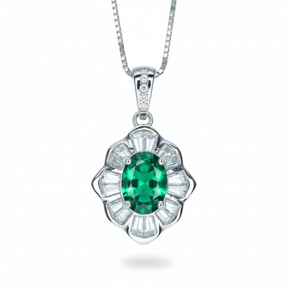 Tiny Emerald Necklace - 18kgp @ Sterling Silver - Mini Green Emerald Pendant - Gemstone Flower Style - May Birthstone #197