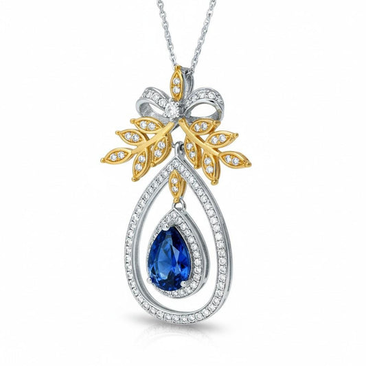 Teardrop Blue Sapphire Necklace Large Gold the Tree Of Life Pendant 18KGP Sterling Silver olive branch Necklace Blue Sapphire Pendant #859