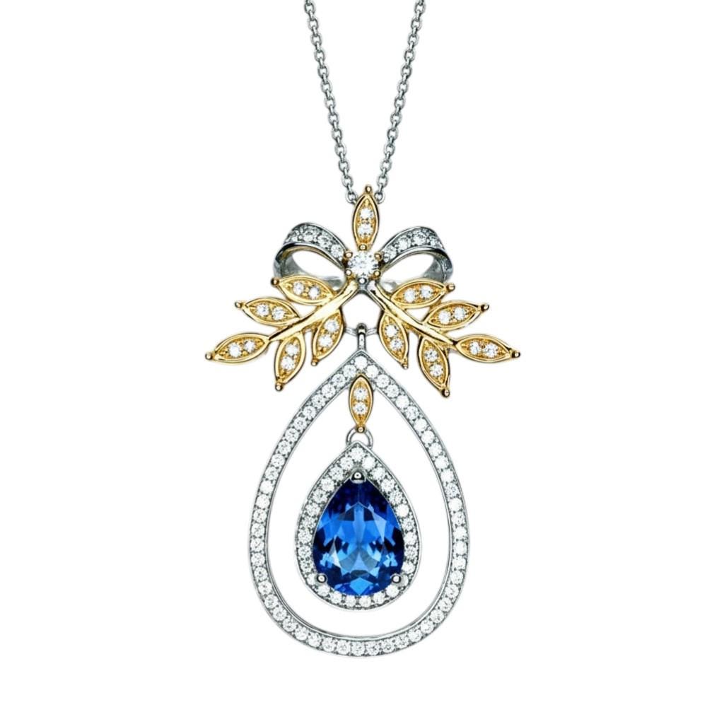 Teardrop Blue Sapphire Necklace Large Gold the Tree Of Life Pendant 18KGP Sterling Silver olive branch Necklace Blue Sapphire Pendant #859