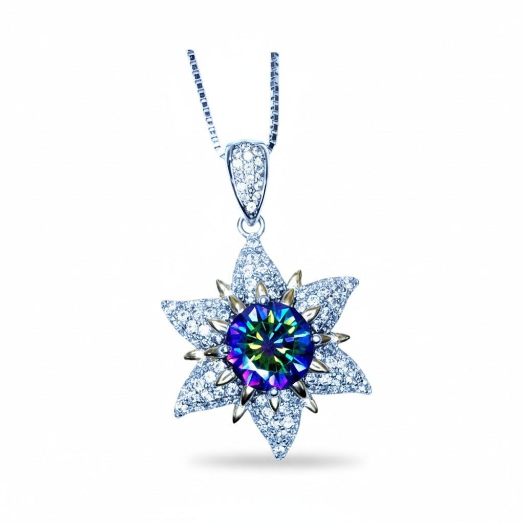 Gemstone Star Mystic Topaz Necklace - 18KGP Sterling Silver - 6 Point Star Pendant - 2CT Hexagram Art Deco Rainbow Topaz Jewelry #816