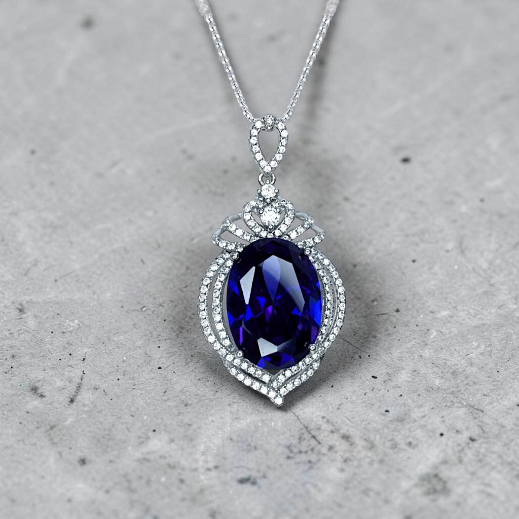 Large Tanzanite Sterling Silver Necklace 14 ct Oval fine Cut Blue Tanzanite Pendant - Crown Pendant 18k White Gold Coated Jewelry #916