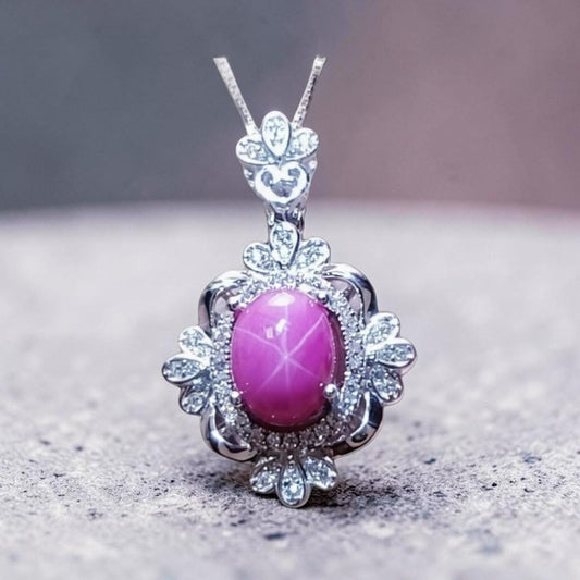 Star Ruby Necklace - Gemstone Royal Flower Ruby Pendant - 18KGP @ Sterling Silver - July Birthstone #749